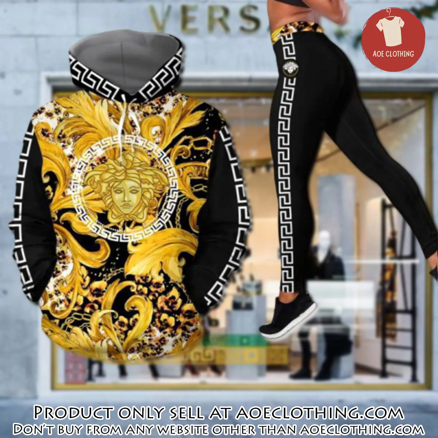 Gianni versace black gold hoodie legging set luxury for women aoe1423624
